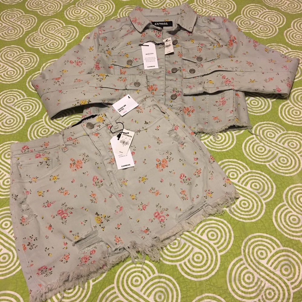 Express floral denim skirt and matching jacket.